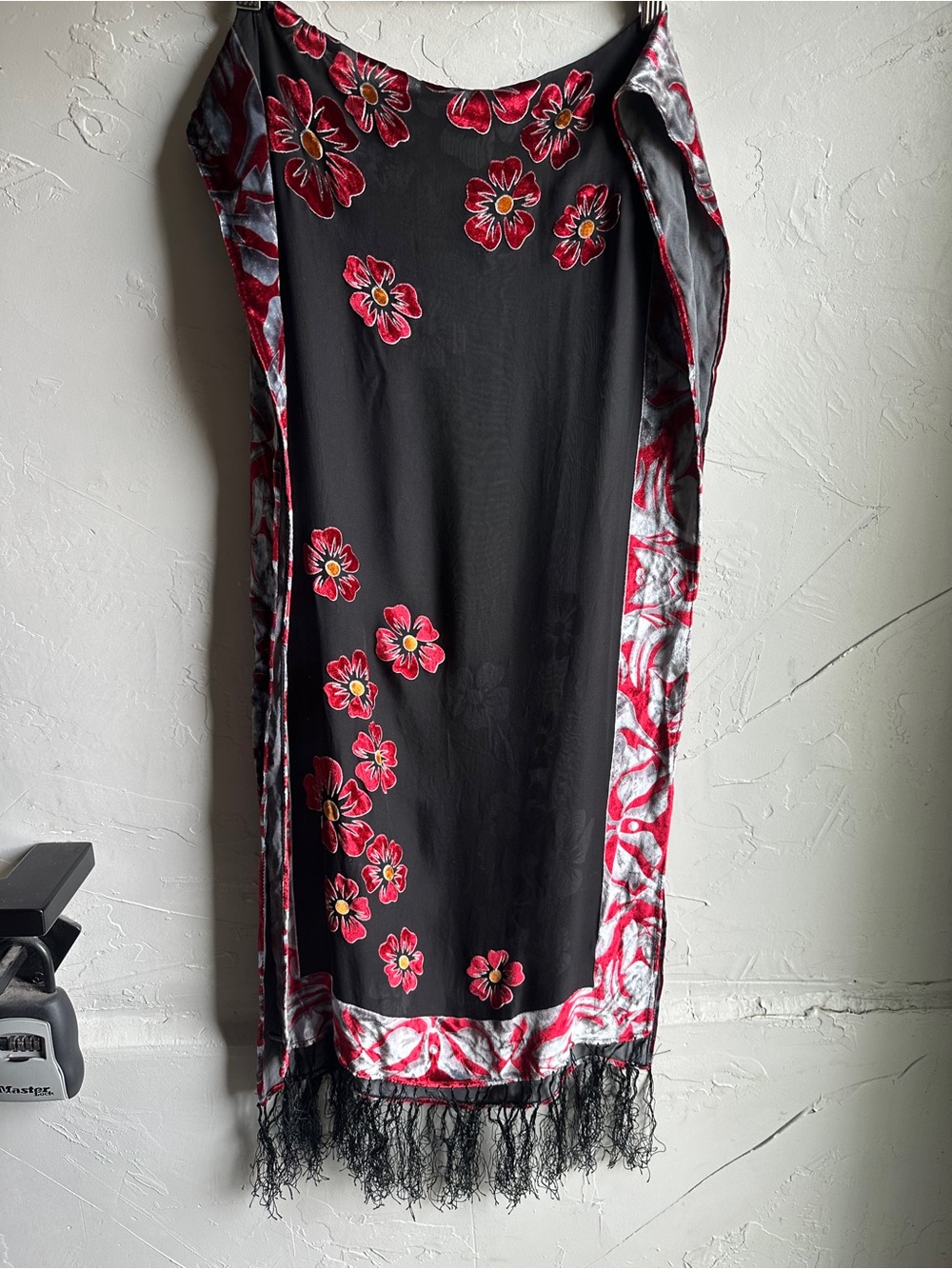 Silk Velvet Burnout Floral Fringe Scarf Black Red Gothic Dark Romantic 68x19